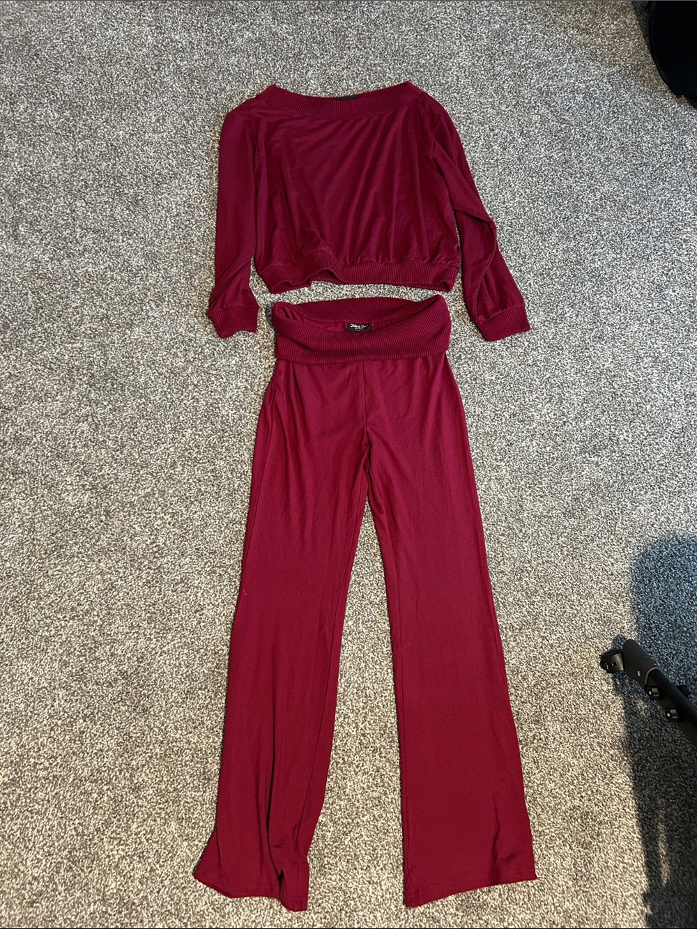 Burgundy Two-Piece Lounge Set - Crop Top & Wide Leg Pants